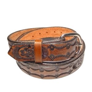Western Cowhide Leather Silver Buckle Handmade Brown Unisex Belt Size 56"x 1.25"